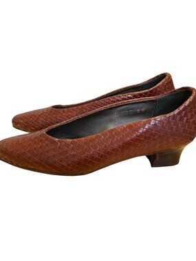 Nicole Vintage Denise Braided Leather Heels Size 9M Brown Low Heel Pumps